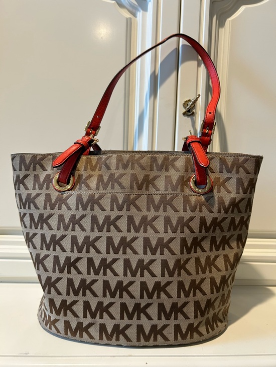 Michael Kors Brown MK Monogram Tote with Red Leather Straps
